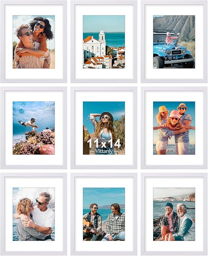 Vittanly 11x14 Picture Frames Set of 9 for Wall Mounting, White | Display Pictures 8x10 with Mat or 11x14 without Mat, Engineered Wood with Shatter Resistant Plexiglass, Gallery Photo Frames