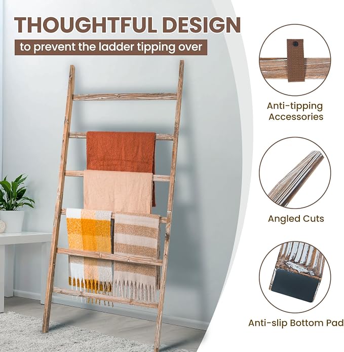 Blanket Ladder Shelf 6.4FT, 38 inch Wide Solid Wooden Blanket Ladder for Living Room, 6-Layer Farmhouse Rustic Quilt Rack for Living Room Bathroom
