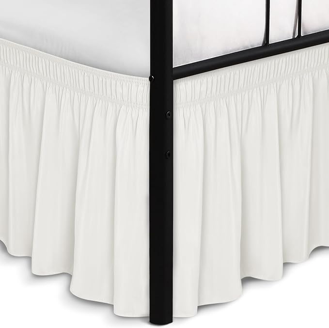 Wrap Around Queen Size Bed Skirt Split Corner 14" Drop-Elastic Dust Ruffle | Ivory Adjustable Pleated Bedskirt-Easy Fit Wrinkle Resistant Washable Fabric Bed Skirting-Master Guest Bedroom Rental Hotels