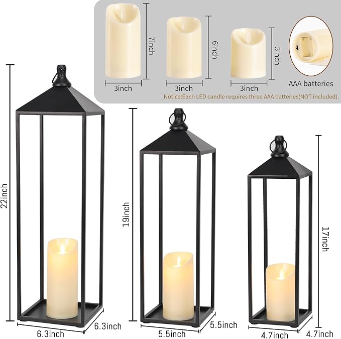 22'' 19'' 17'' Lanterns Decorative Outdoor Indoor, Set of 3 Floor Lanterns | Outdoor Lanterns with Candles, Glass-free Modern Farmhouse Lanterns for Room, Porch, Mantle, Patio, Garden