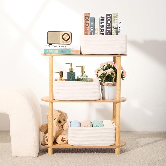 MiniArk Small Storage Baskets for Organizing | Closet Organizer Bins | Shelf Toy Basket | Woven Rope Baskets | Cube Decorative Box | Shallow Basket | 13x8.5x5.1” | 3 Packs Off White