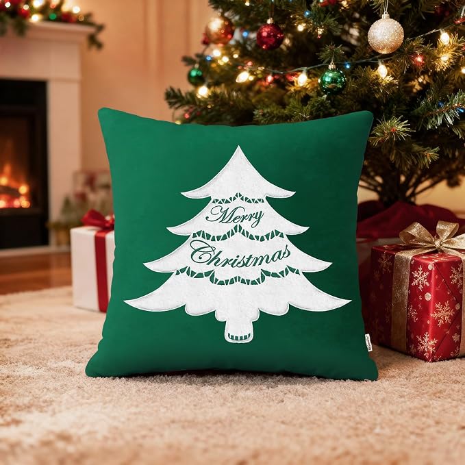 BRAWARM Christmas Pillow Cover 18 X 18 Inches, Christmas Green Christmas Tree Embroidered Pillow Cover, Soft Velvet Decorative Throw Pillow for Couch Bed Sofa Living Room Home