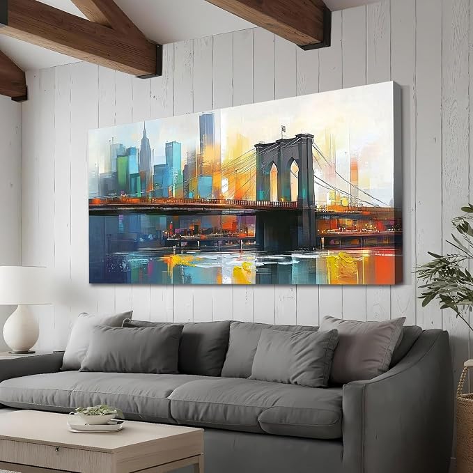 Arjun Cityscape Wall Art New York City Canvas for Living Room Painting Brooklyn Bridge Manhattan Bedroom Wall Art for Men Modern Picture Artwork Large Framed Home Office Wall Decor 48"x24"