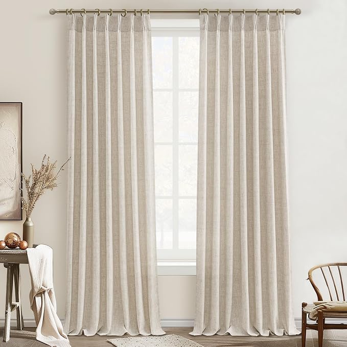 PleatedDrapes Natural Linen Viral 105 Inch Curtains for Dining Room, Textured Boho Beige Semi Sheer Farmhouse Curtain 2 Panels Set with Hooks&Rings for Bedroom 104-106 Inch Window Drapes W40 xL105