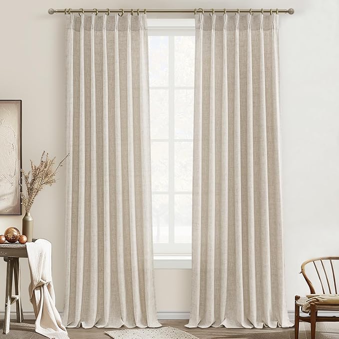 Unique Natural Linen Blend Heavy Fall Curtains 86 Inches Long for Bedroom/Living Room, Custom Pinch Pleated Track System Sheer Curtains Light Filtering Privacy Decorative Drapes 40"x86"x2 Panels Hooks