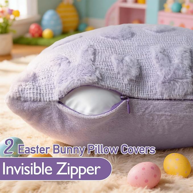 ONFAON Easter Decorations-Easter Day Pillow Covers, Set of 2 Soft Plush Short Wool Velvet Purple Throw Pillow Covers Farmhouse Seasonal Cushion Case Decoration for Sofa Couch 18 x 18 Inch