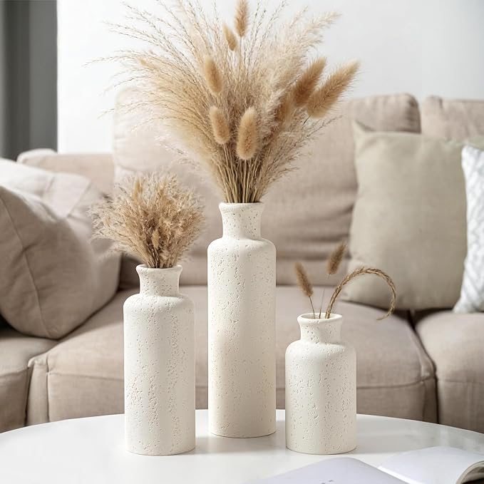 Flower Vase Set, Travertine Stone Look, 3 PCS Bud Vases, White | Small, Farmhouse, for Pampas Grass, Kitchen, Living Room, Bathroom, Bedroom, Office, Shelf Centerpiece Table Decoration