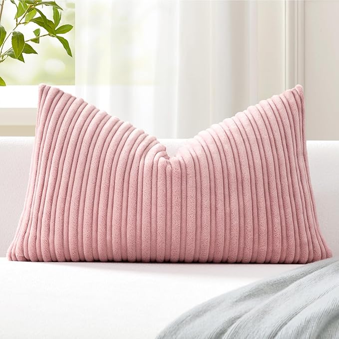Kevin Textile Striped Corduroy 12”x20” Pillow Cover 1 Pack, Baby Pink