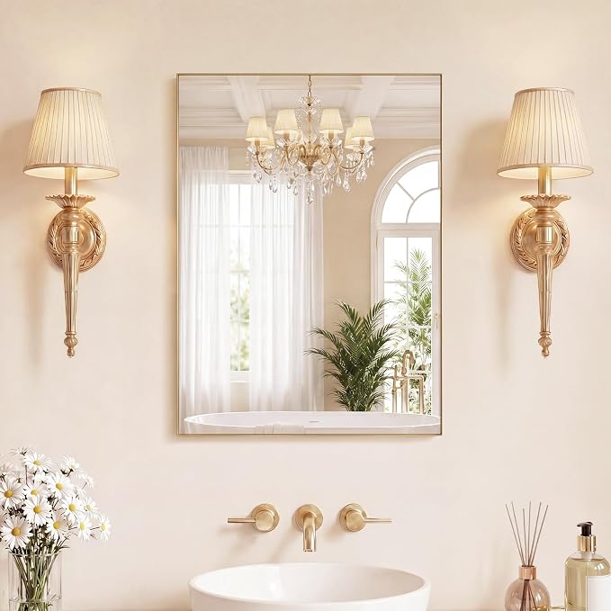 Bathroom Mirrors for Over Sink, 22" x 30" Rectangle Wall Mount Mirror with Metal Frame, Modern Vanity Mirror with Tempered Glass, for Home Decor, Anti-Rust, Gold