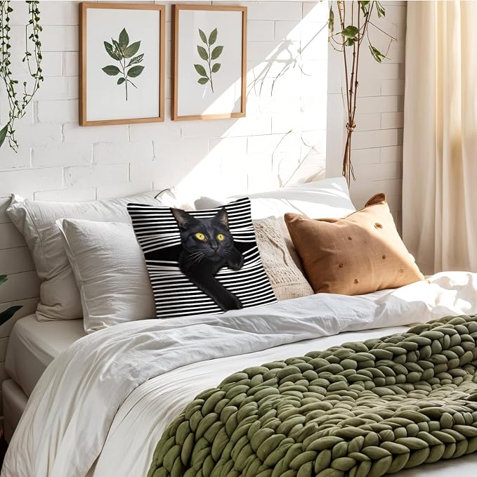 Funny Moody Black Cat Pillow Covers 18x18, Cat Room Decor, Whimsical Kitten Black and White Striped Decorative Throw Pillow Covers Pillowcases for Bedroom Living Room Home Decor
