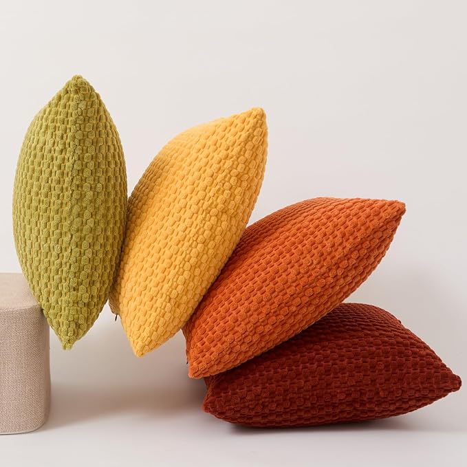 Kevin Textile Spring Throw Pillow Covers Pack of 4 Super Soft Boho Corduroy Decor Pillow Cases Mix and Match Colors Plush Texture Accent Pillows for Sofa Couch Living Room 20x20 Inch, Yellow/Green