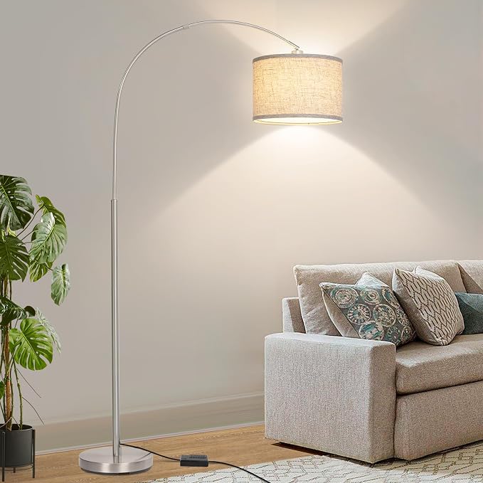Arc Floor Lamp, Dimmable Floor Lamp with Adjustable Hanging Shade, Silver