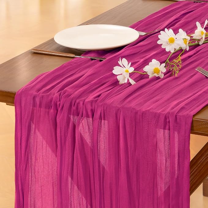 Cheesecloth Table Runner Fall Boho Wedding Birthday Party Home Decor | Hot Pink 3pcs Rustic Gauze 10FT Cheese Cloth Sheer Farmhouse Dining Runner for Baby Shower Bridal Holiday Decorations