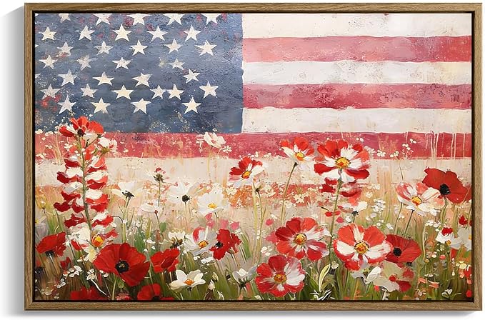 American Flag Framed Canvas Wall Art, 4th of July Patriotic Canvas Prints | Wildflower Meadow Landscape Poster Print, Vintage Rustic Independence Day Wall Decor for Bedroom Living Room 16×20in