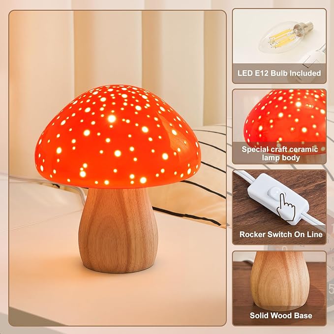 BOHON Mushroom Lamp Ceramic Bedside Table Lamp, Red