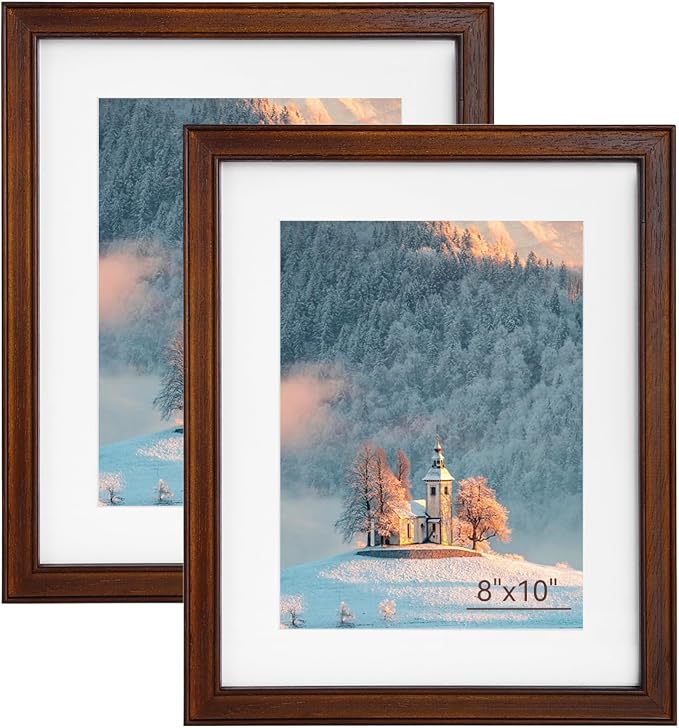 SNAPSHOT 8x10 Picture Frame, Natural Walnut Wood Photo Frame Set with Real HD Glass for Pictures 6x8/5x7 with Mat or 8x10 Without Mat, Gallery Poster Frame for Wall or Tabletop - 2Pcs