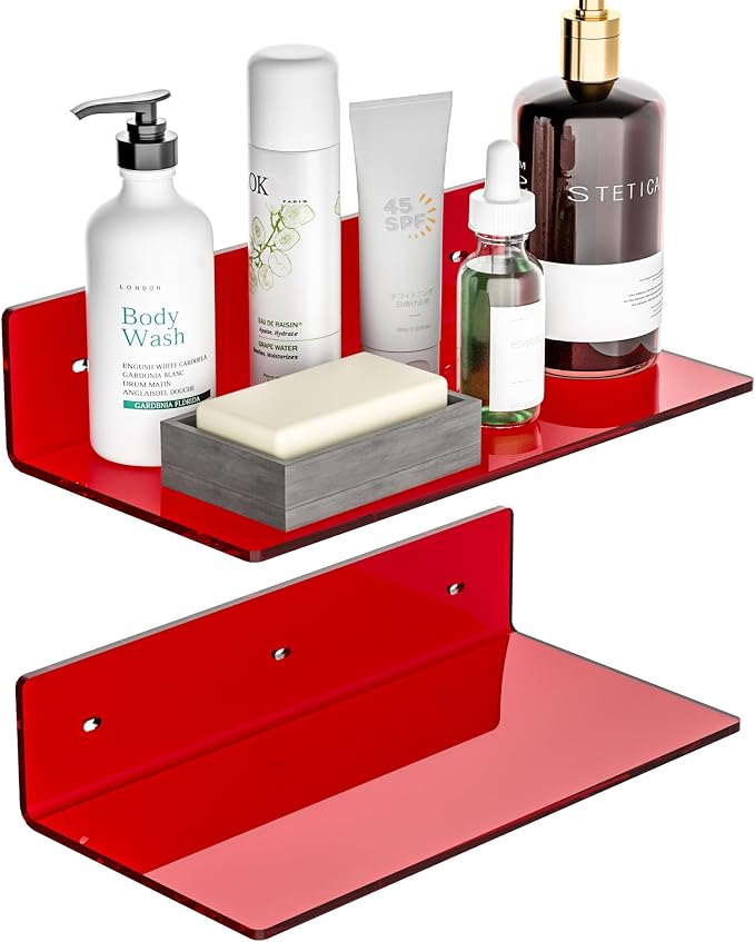 Sezanrpt 12 Inches Red Small Wall Shelves, Acrylic Bathroom Floating Shelves for Living Room, Bathroom, Bedroom, 2 Pack