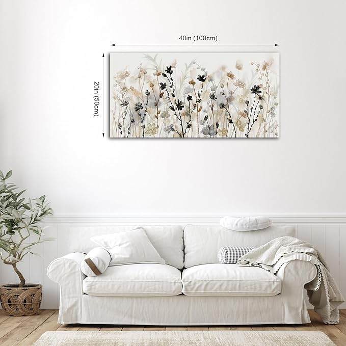Abstract Floral Canvas Wall Art Grey Cream White Grass Flowers Canvas Pictures Modern Landscape Painting Botanic Artwork for Living Room Bedroom Kitchen Office Wall Decor Ready to Hang 20" x 40"
