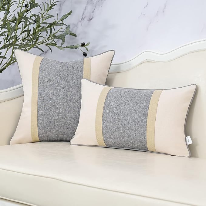 Yangest Patchwork Pillow Cover 12x20 Inch Luxury Cotton and Linen Cushion Cover Rectangle Pillowcover for Couch Bedroom Living Room,Gray