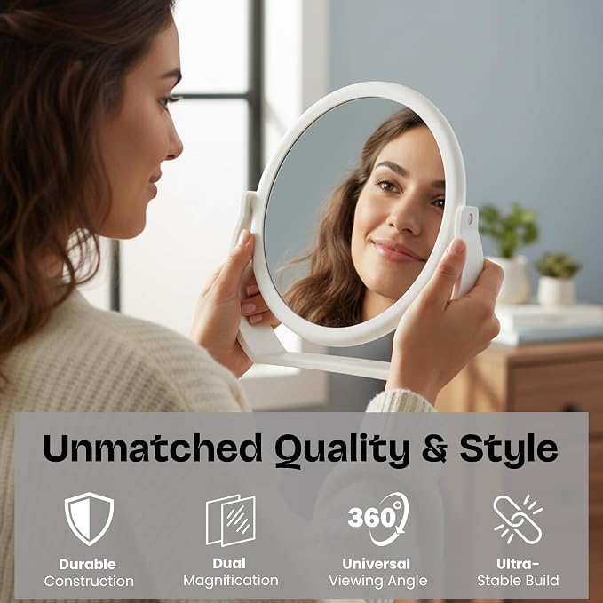 Danielle Creations Oval Soft Touch Vanity Mirror, White, 1X/7X Magnifying Makeup Mirror, Tabletop & Handheld Mirror with Stand, Portable Bathroom, Bedroom & Desk Mirror
