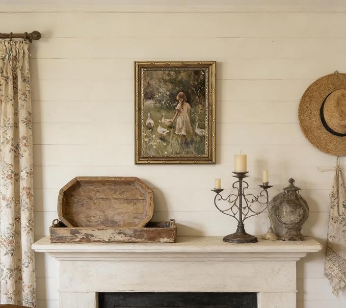Vintage Gold Framed Canvas Wall Art Rural Goose Girl Painting Picture Cottagecore Print Poster Country Farmhouse Nature Wall Decor for Bedroom Bathroom Living Room Decoration 9x11in