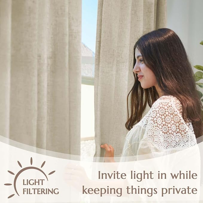 jinchan Lined Linen Curtains Privacy Back Tab 50x90 Inch 2 Panels Oatmeal | Light Filtering Curtains with White Privacy Liner, Cottage Core Farmhouse Curtains for Living Room, Rod Pocket 90 Inch Length