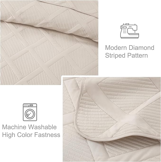 Exclusivo Mezcla California King Size Quilt, Brich Beige | Soft Bedspreads with 2 Pillow Shams, Modern Striped Pattern, Lightweight Bedding Set Coverlets for All Seasons, 112x104 Inch