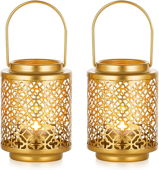 NUPTIO Decorative Candle Lanterns Gold, 2 Pcs Tea Light Candles Holders