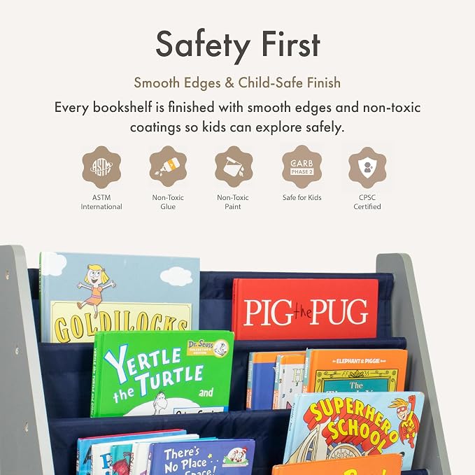 Humble Crew Kids Bookshelf, Montessori Front Facing Toddler Bookcase 4 Tier | Book display rack and reading nook organizer, nylon pockets show covers face out, compact for any playroom or bedroom space