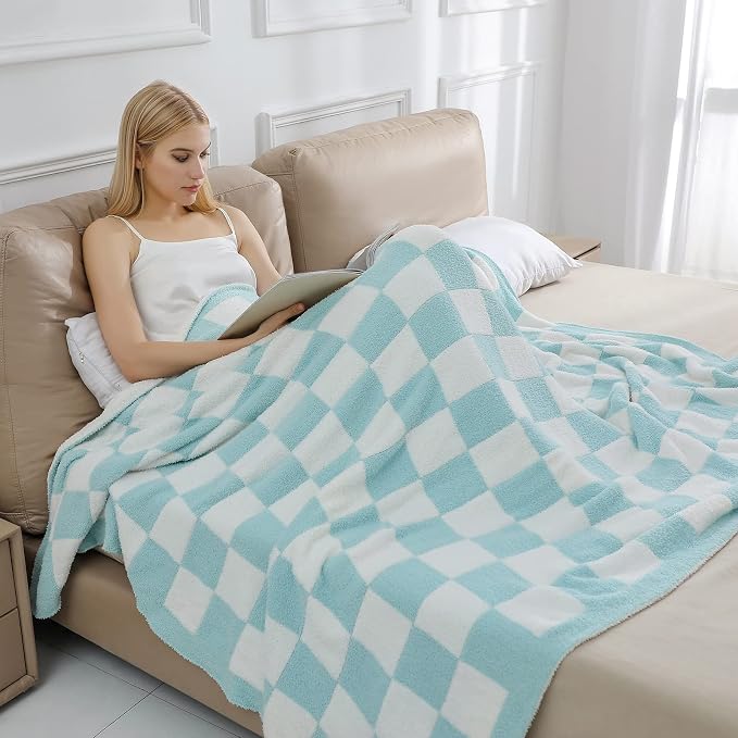 bearberry Soft Plush Throw Blanket for Couch, Cozy Warm & Lightweight | Knitted Fluffy Checkered Comfort Home Decor Gift for Women Mom Her, Sofa Chair Bed, 60x80in, Blue