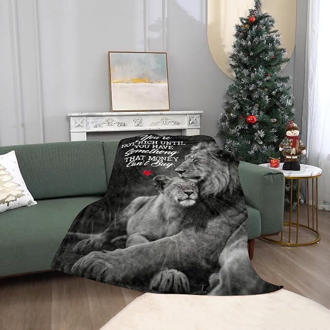 TURMTF Lion Dad Hugging Cub Blanket, Soft Fleece Throw with Inspirational Quote You're Not Rich Until You Have Something Money Can't Buy, Cozy Gift for Family on Valentine's Day Birthday 55"x70"