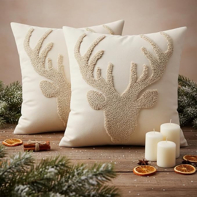 LUOYEHK Christmas Reindeer Pillow Covers 18x18 Set of 2 Farmhouse Rustic Throw Pillows Winter Holiday Merry Christmas Cushion Covers for Couch Sofa Bed