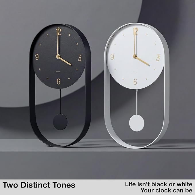 Driini Modern Pendulum Wall Clock – Small Vertical Design in White and Gold | Silent battery-operated timepiece, metal frame – 16 inches tall with an 8-inch face, a contemporary grandfather style.