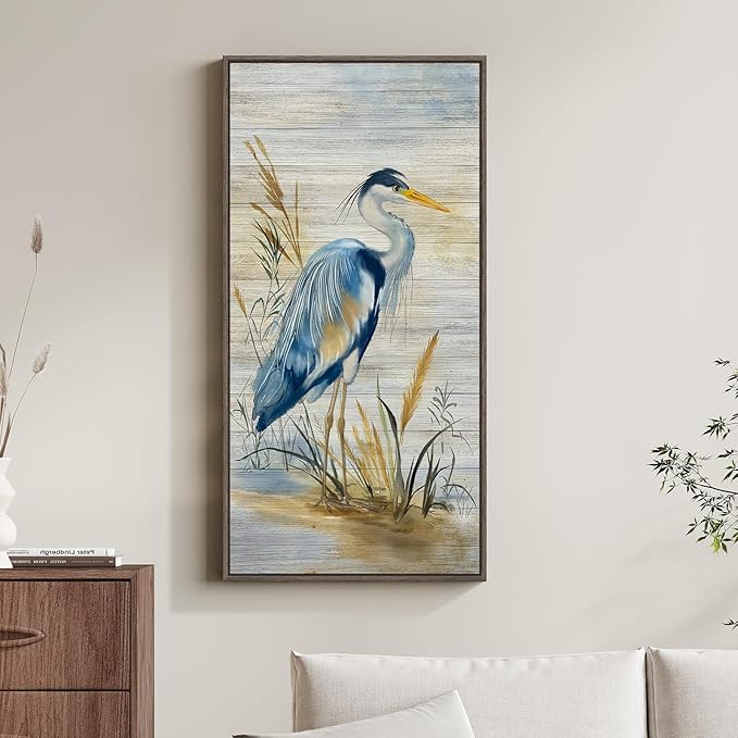 Framed Vertical Coastal Blue Heron Wall Art for Living Room, 20x40 Inch | Vintage, Farmhouse, Nature, Bird, Blue, Large, Office wall art, Kitchen wall decor, Foyer decor, Ready to hang, Wood frame