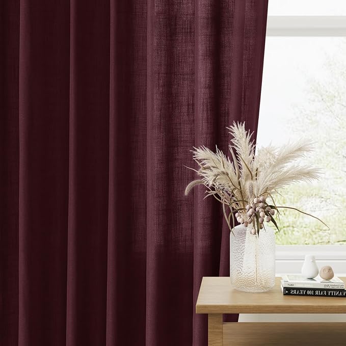 Burgundy Linen Curtains 96 Inches Long 2 Panel Set Rod Pocket Semi Sheer Dining Room Cozy Bedroom Decor Cotton Look Country Rustic Farmhouse Boho Curtains 52x96