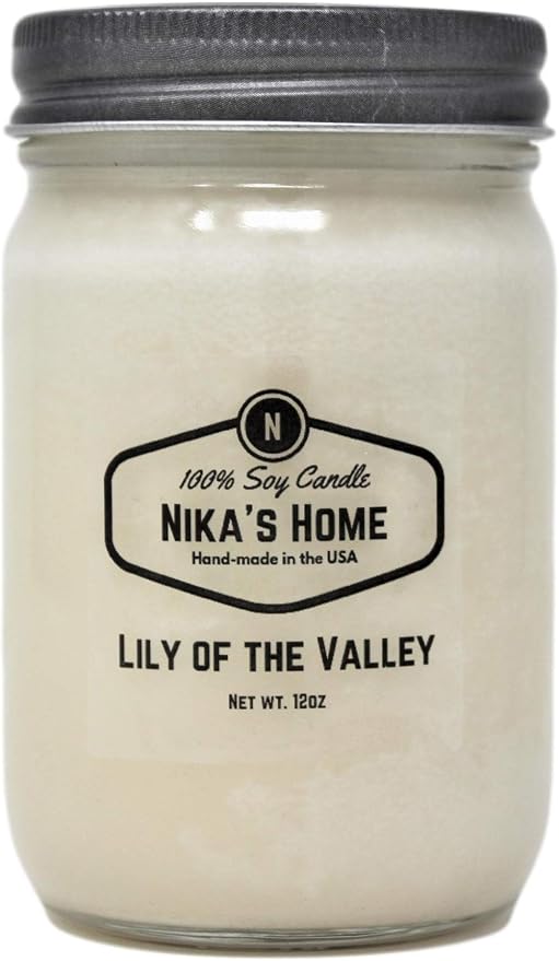 Nika's Home Lily of the Valley Soy Candle - 12oz Mason Jar - Non-Toxic - Hand Poured in The USA, Long Burning 50-60 Hours Highly Scented All Natural, Clean Burning