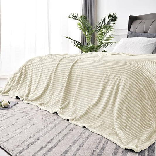 BEDELITE 3D Ribbed Jacquard Beige King Size Blankets for Bed, 108x90 Inch | Soft Warm Decorative Fluffy Blanket, Cozy Fuzzy Lightweight Plush Fleece Throw Blankets for Bed, Room Decor, Gift for Women