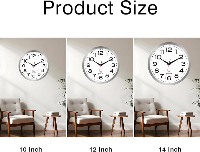 Roymnie 10 Inch Atomic Wall Clock, Battery Operated Silent Non Ticking | Silver analog wall clock; bold numerals for easy reading; silent non-ticking; 1 AA battery (not included); for classroom