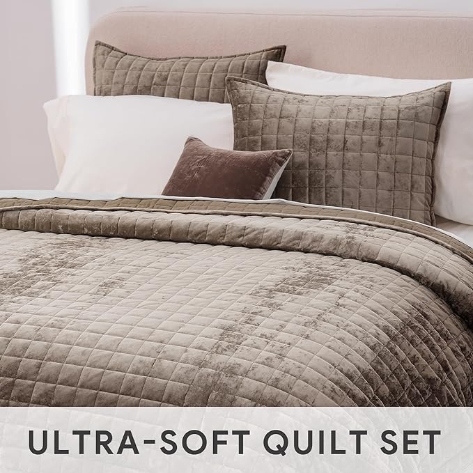 RECYCO Velvet Quilt Set, Oversized California King 118"x106", Mocha Brown | Channel Box Stitch Velvet Comforter Set, Ultra Soft Lightweight Bedspread Coverlet, All Season Bedding Set, with 2 Shams