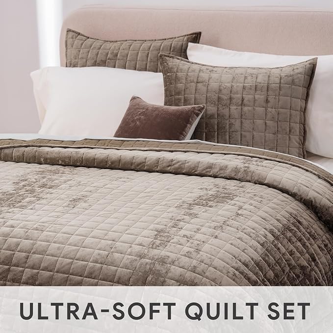 RECYCO Channel Box Stitch Velvet Quilt Set, King Size, Mocha Brown | Ultra Soft Lightweight Velvet Comforter, Luxury Oversized Bedspread Coverlet, Quilted Bedding Set for All Season with 2 Shams