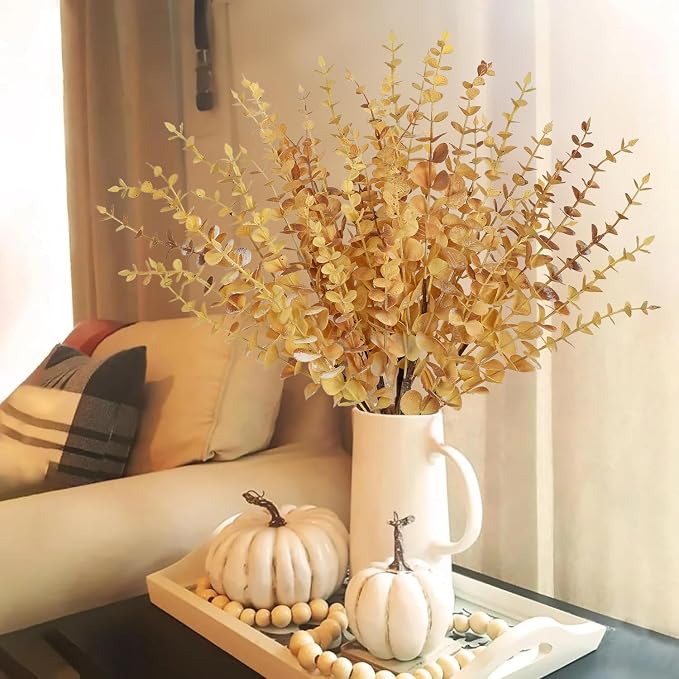 GnFlus 5 Pcs Artificial Eucalyptus Stems Fall Eucalyptus Leaves Autumn Leaf Branches Fall Decorations with Foam Fall Leaves for Home Floral Arrangement Autumn Festival Thanksgiving Decor Yellow
