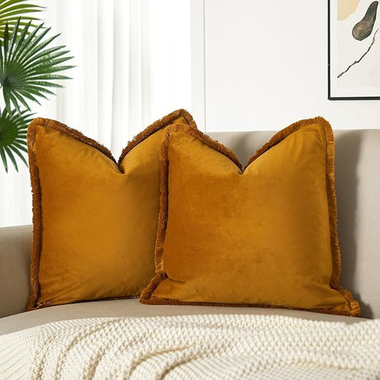 JUSPURBET Mustard Yellow Decorative Velvet Fringe Throw Pillow Covers 22x22 Set of 2 Boho Soft Cushion Case for Home Decor Living Room Couch Sofa Bed