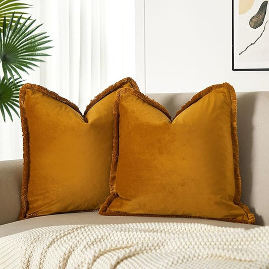 JUSPURBET Mustard Yellow Velvet Throw Pillow Covers 16x16 Inch Set of 2 with Soft Tassel Fringe Luxury Boho Pillowcase for Sofa Couch Bed Home Decor Machine Washable