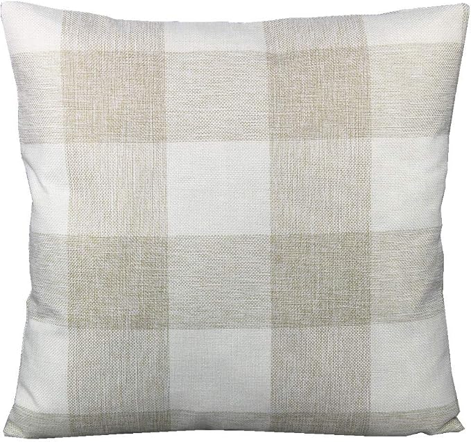 VAKADO Beige Buffalo Plaid Cotton Linen Throw Pillow Covers 20x20 Set of 2 | Beige buffalo check cotton linen, hidden zipper. Farmhouse throw pillow covers for porch. Machine washable.