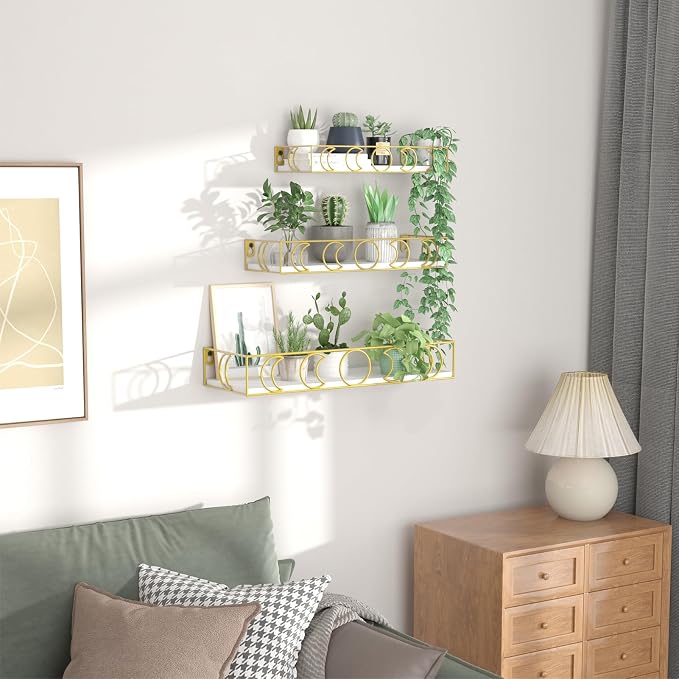 PHAREGE Moon Phase Floating Shelves White Gold Set of 3