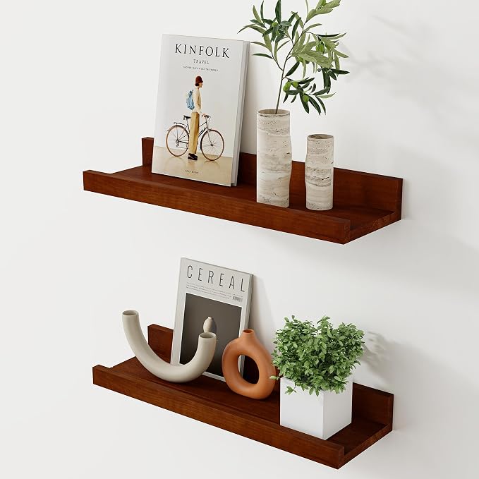 Acovy Floating Shelves for Wall, 16 inch Solid Wood Picture Ledge Shelf, Picture Shelf for Wall with Ledge, Floating Book Shelves for Living Room Bedroom Kitchen Nursery Decor, Walnut, Set of 2