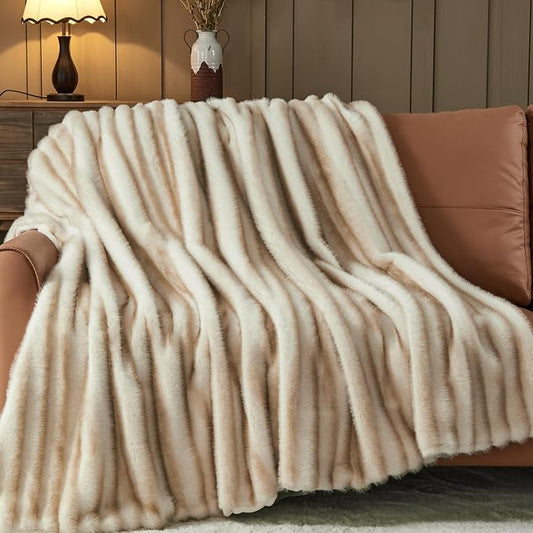 NEWCOSPLAY Faux Fur Thick Throw Blanket for Couch, Stripe Brown, 50"x60" | Luxury Fluffy Thick Warm Blanket for Couch Sofa Bed 1000GSM, Soft Plush Cozy Decorative Throw, Gift for Women Men