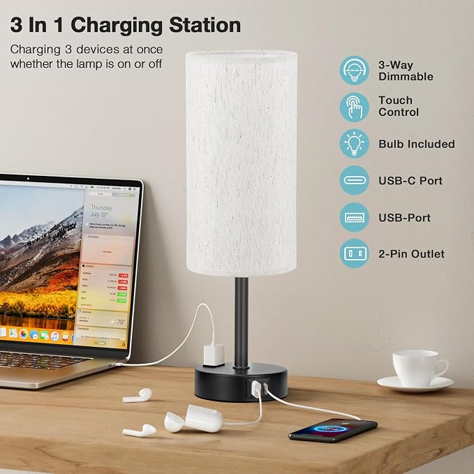 Fenmzee Turquoise Bedside Table Lamp, Dimmable Touch, USB A+C, AC Outlet