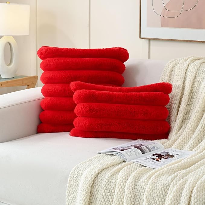 HAUSSY Pack of 2 Pillow Covers 26x26 Inch, Faux Fur Decorative Couch Throw Pillows Soft Striped Plush Cushion Covers Home Decor Cute Furry Pillowcase for Living Room Sofa Bed, Red (Covers Only)