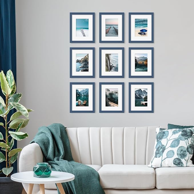 YESKAY 8x10 Picture Frame Set of 9, Display Pictures 5x7 with Mat or 8 x 10 Without Mat, Multi Photo Frames for Wall Mounting or Table Top Display, Blue